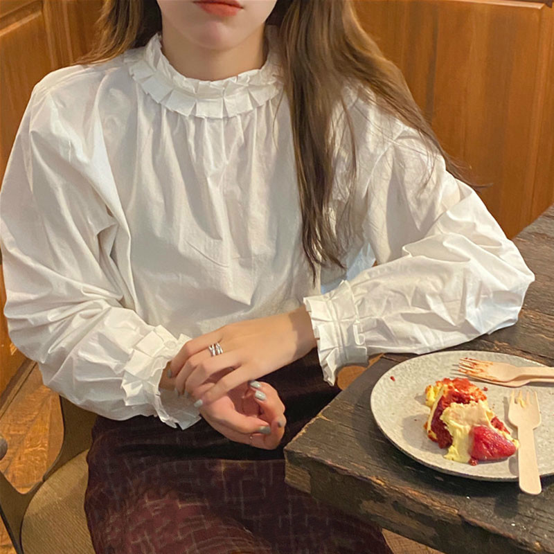 Nomikuma Women Blouse Korean Pleated Ruffle Puff Long Sleeve O-neck Pullover Shirt Autumn New Causal Blusas Mujer 6C619 210427