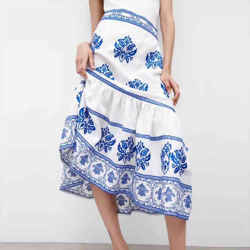 za blue embroidery long womens skirt high waist ruffle elegant pleated midi woman boho summer, Black
za blue embroidery long womens skirt high waist ruffle elegant pleated midi woman boho summer, Black