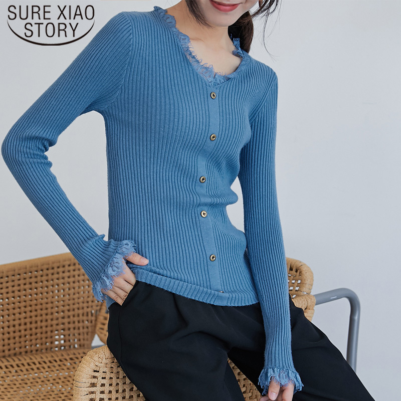 Autumn Winter Fashion Lace V-neck Slim Knit Women Sweater Long Sleeve Dark Stripes Clothes Solid Pullovers 6458 50 210510