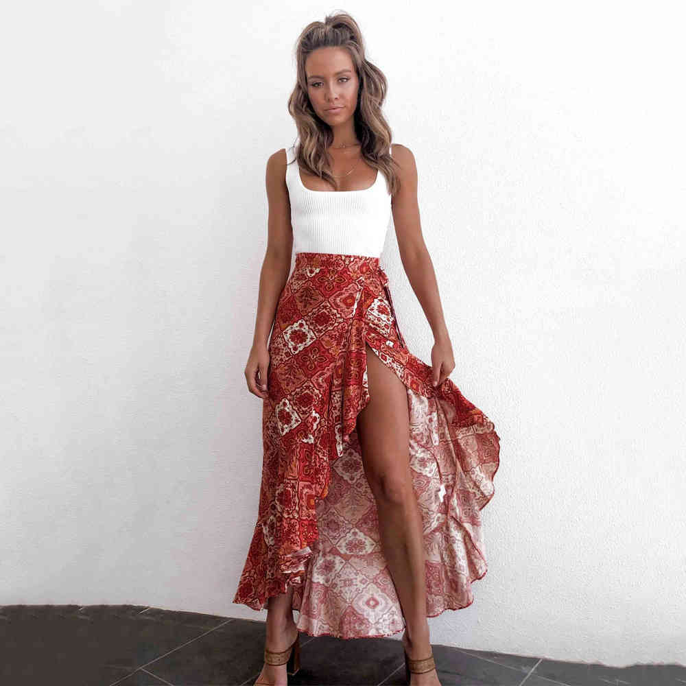 High Split Ruffles Sexy Maxi Beach Skirts Summer Elastic Waist Lace up Elegant Print Women Skirt Femme Casual Holiday Clothing 210507