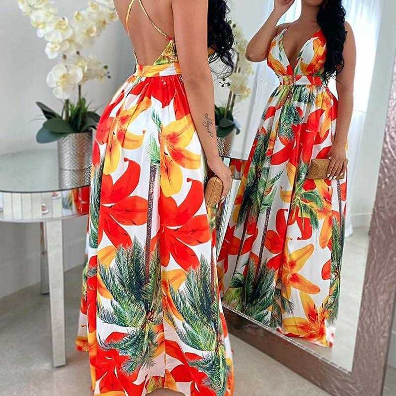 Summer Women Elegant Formal Gown Backless Maxi Dress Beach Dress Female Stylish Floral Open Back Long Party Dress 210716