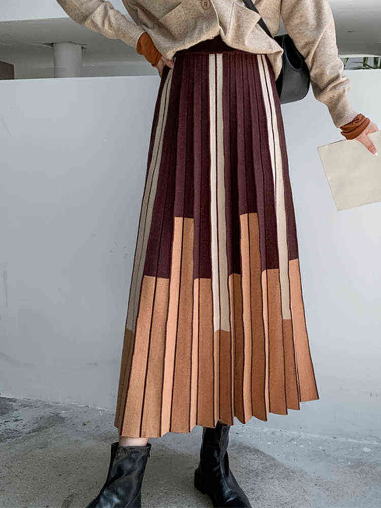 TIGENA Autumn Winter Women Knitted Midi Skirt Vintage Contrast Striped A Line High Waist Pleated Long Skirt Female Ladies 211119
