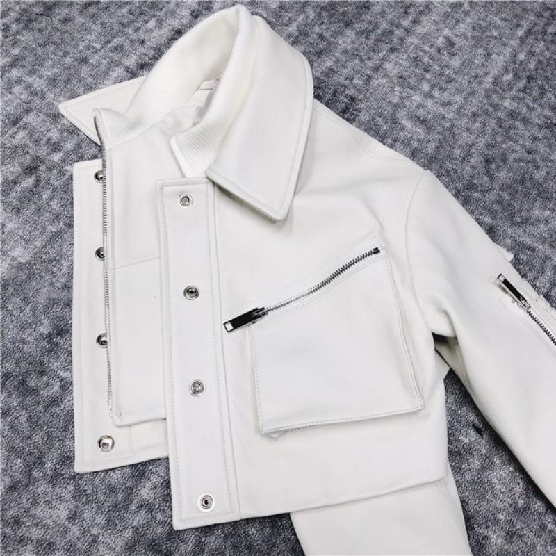 Elegant Genuine Designer Leather Jacket Women Office Lady Slim Sheepskin Coat Autumn Streetwear Pockets White Short Outerwear Women's & Faux