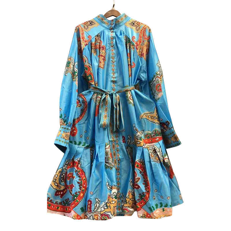 VGH Print Patchwork Ruffle Dress For Women Stand Collar Long Sleeve High Waist Lace Up Vintage Dresses Female Fashion Clothes 210421