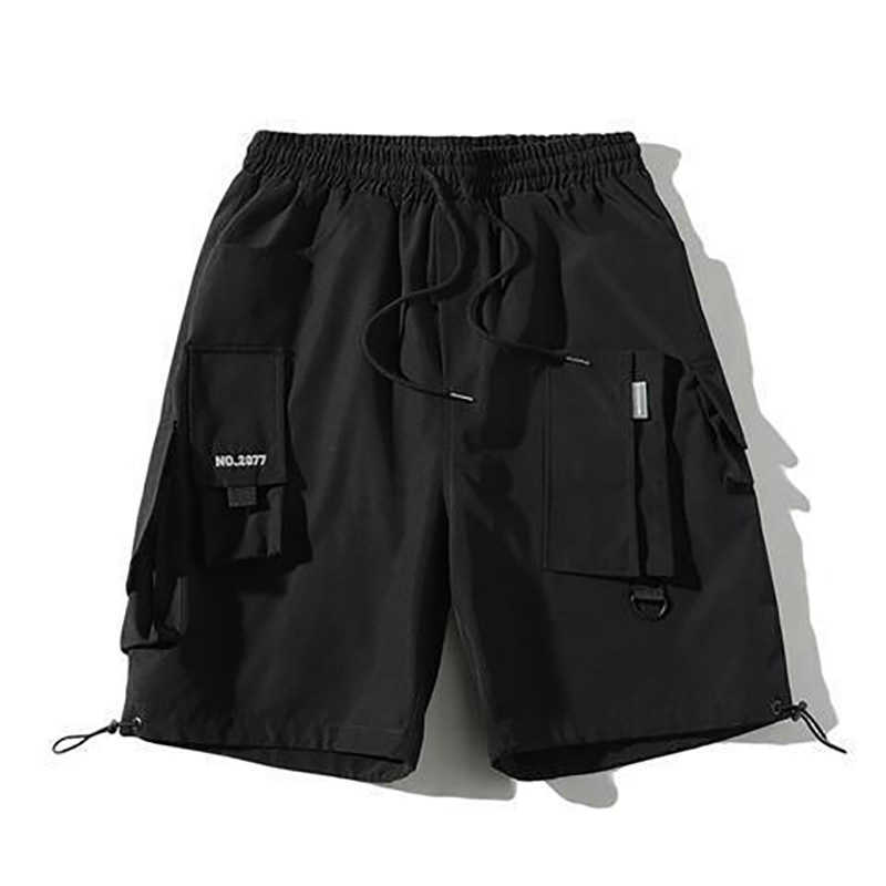 Summer Shorts Cargo Pants Men Joggers Black Stylish Pocket Ribbons Japanese Fashion Streetwear Hip Hop Shorts Male Casual Pants 210720