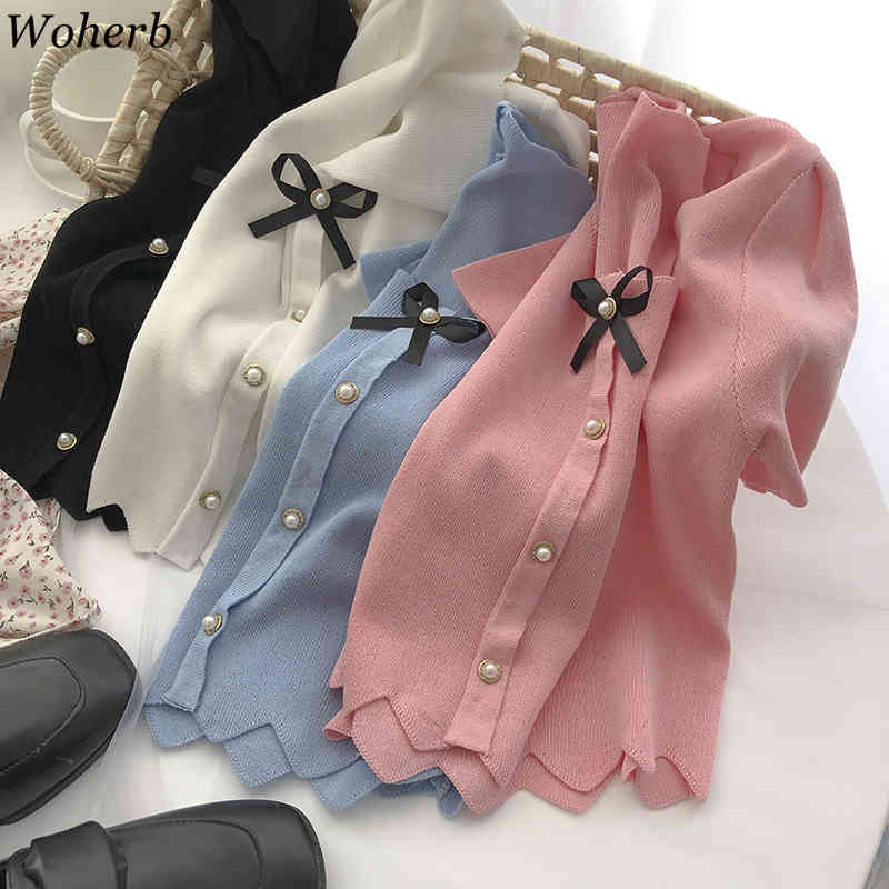 Korean Vintage Knitted Pullover Tops Summer Women Short Sleeve Single Breasted Kntiwear Sweater Elegant Ladies Jumpers 210519