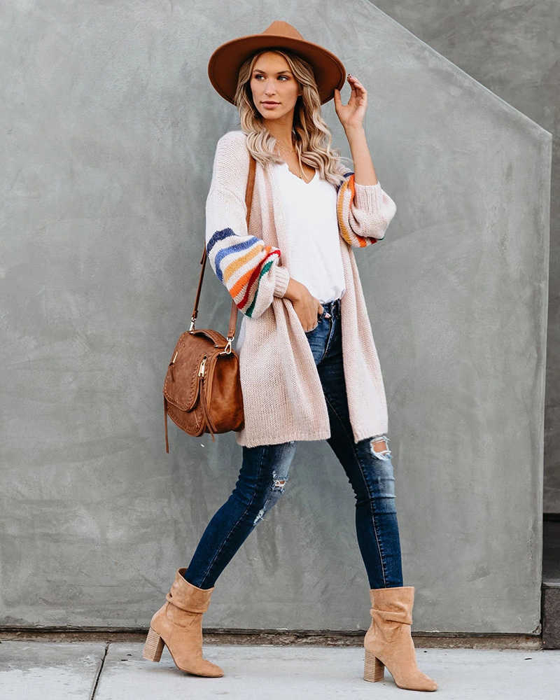 Fitshinling Rainbow Striped Boho Cardigan Winter Long Coat Female Knitwear Pink Slim Sweaters Cardigans For Women Clothes 210812