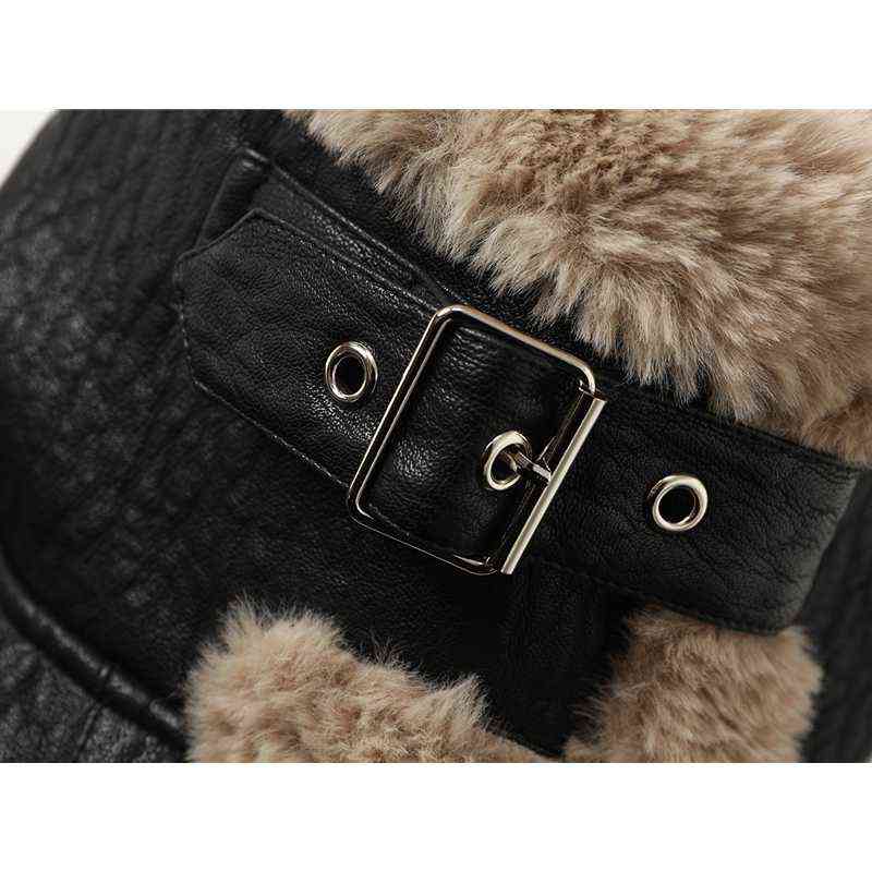 Fashion Faux Fur Coat Women Fur Collar Leather Thick Warm Plush Outerwear Winter Ladies Wool Coats Zipper Cropped Jacket 211130