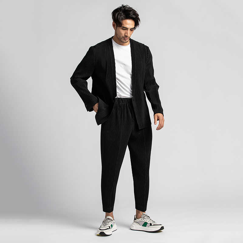 IEFB /men's wear Japan pleated trousers male Autumn wrinkled mid-seam open ankle ankle-length pants elastic waist Y3493 210810