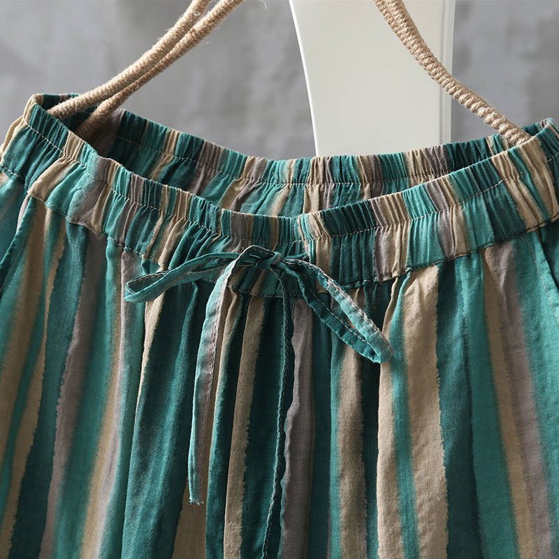 Summer Fashion Women Pants Plus Size Loose Casual Elastic Waist Striped Harem Vintage Cotton Linen Ankle-length D125 210512