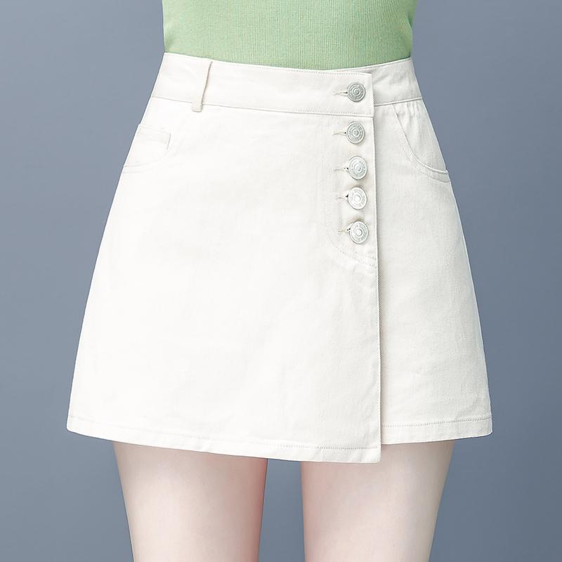 Summer 2021 Spring Womens Irregular Beige Black Denim Shorts Skirts , Korean Style Causal Button Jeans Skirt For Woman Women's