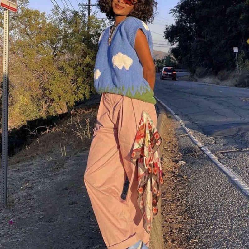 Casual Woman Loose Sky Embroidery Knitted Vest Spring Fashion Ladies V Neck Sleeveless Sweater Girls Cute Knitwear 210515