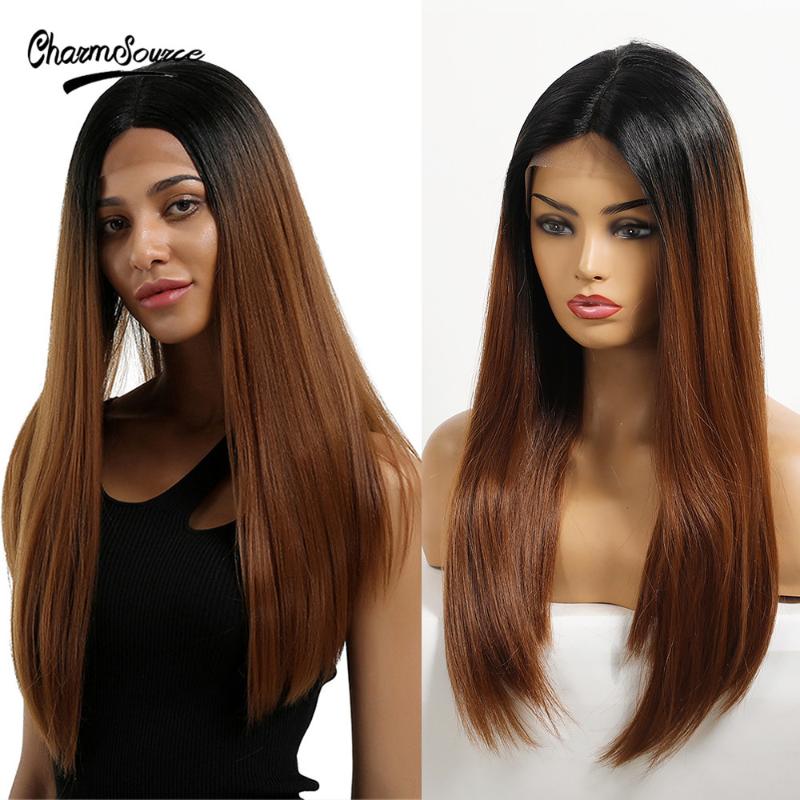 

CharmSource Long Straight Lace Front Synthetic Wigs Ombre Brown Center Parting Wig For Black White Women Wedding Hair, Lamp10551