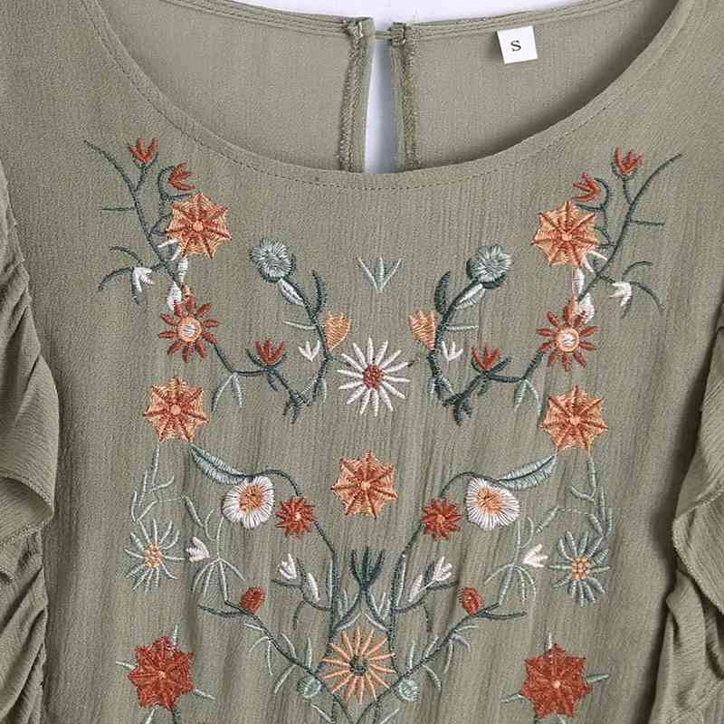 Summer Women Flower Embroidery Butterfly Sleeve Midi Dress Female Ruffle Splicing Clothes Casual Lady Loose Vestido D7682 210430