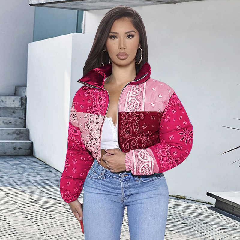 Bandana Plasily National Print Bubble Jacket for Women Winter Fashion Clothes Color Match Warm Parkas Zipper Up Puffer Outerwear 210819