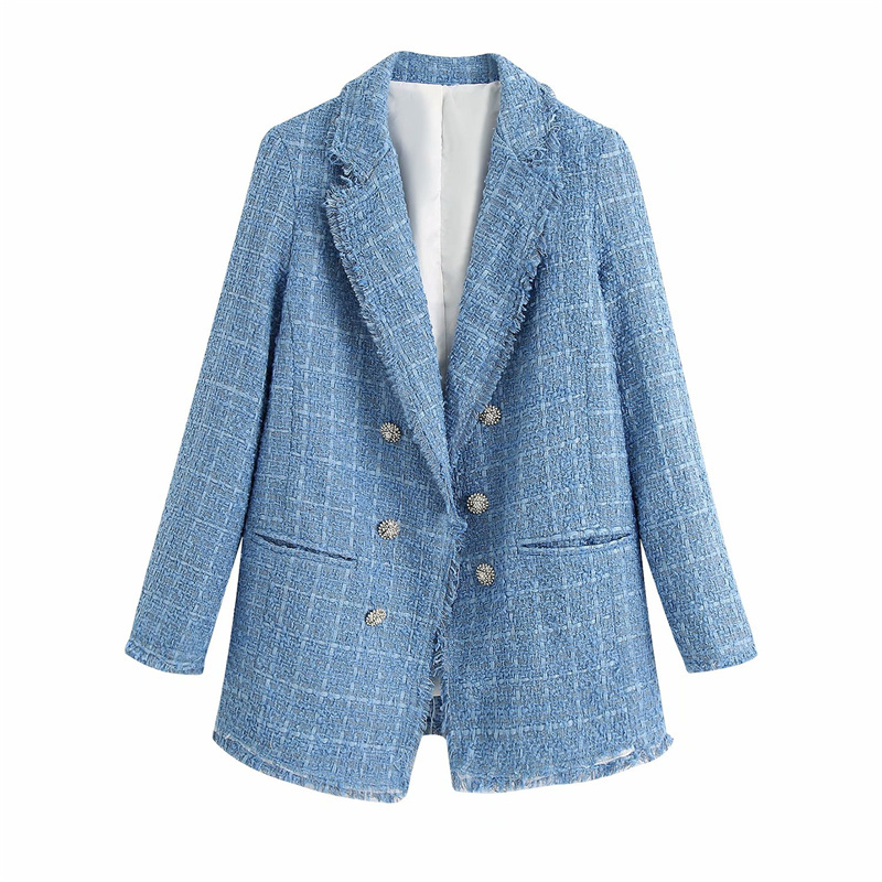 PUWD Elegant Woman Blue Loose Plaid Tweed Blazer Coat Autumn Female Streetwear Outwear Ladies Casual Diamond Button Jacket 210522