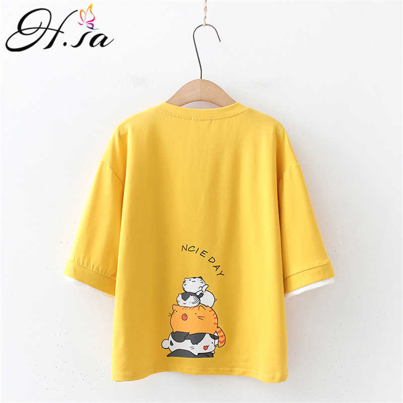 Hsa Basic Cotton T Shirt Women Summer Loose Cartoon Cats Printed Tees Casual Loose Tshirt Korean O Neck Female Tops 210716
