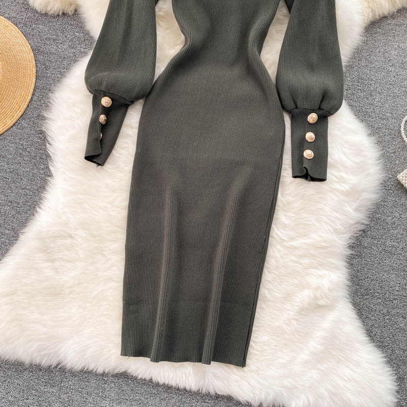 New design womens autumn puff long sleeve o-neck knitted solid color knee length sweater dress bodycon tunic pencil dress