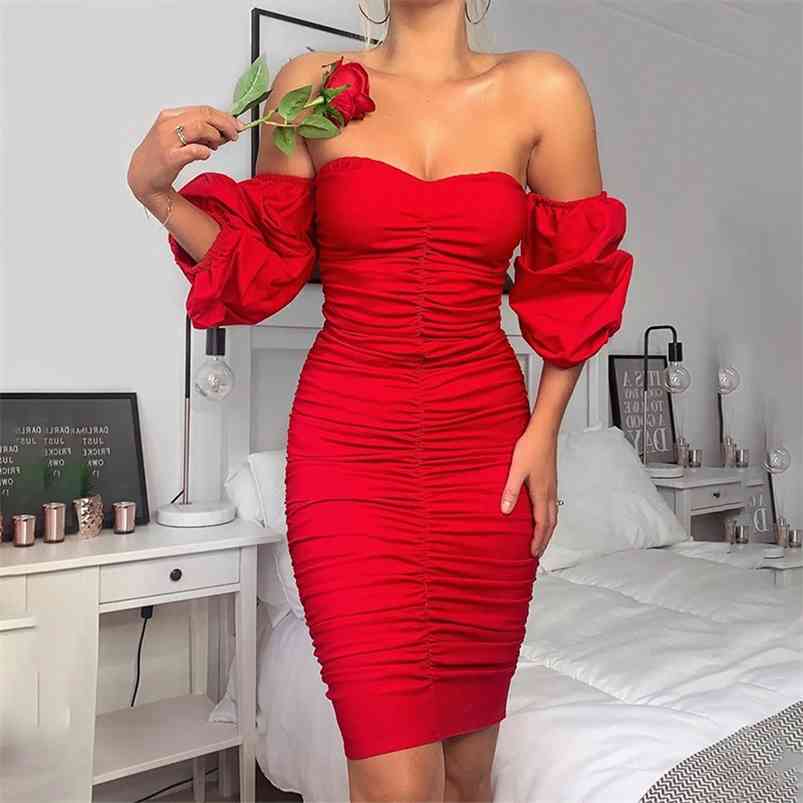 Solid Flower Print Off Shoulder Ruched Bodycon Women's Midi Dress Sexy Slim Long Puff Sleeve Elegant Dresses For New Year 210329