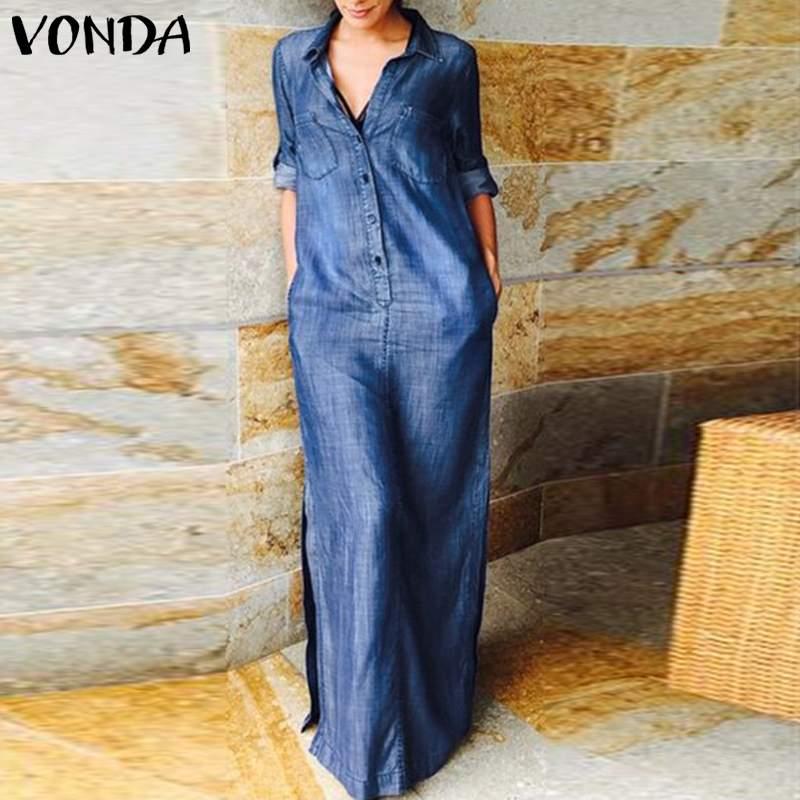 Women Demin Dress 2021 VONDA Vintage Sexy Lapel Collar Long Maxi Dresses Bohemian Summer Casual Vestido Plus Size Robe