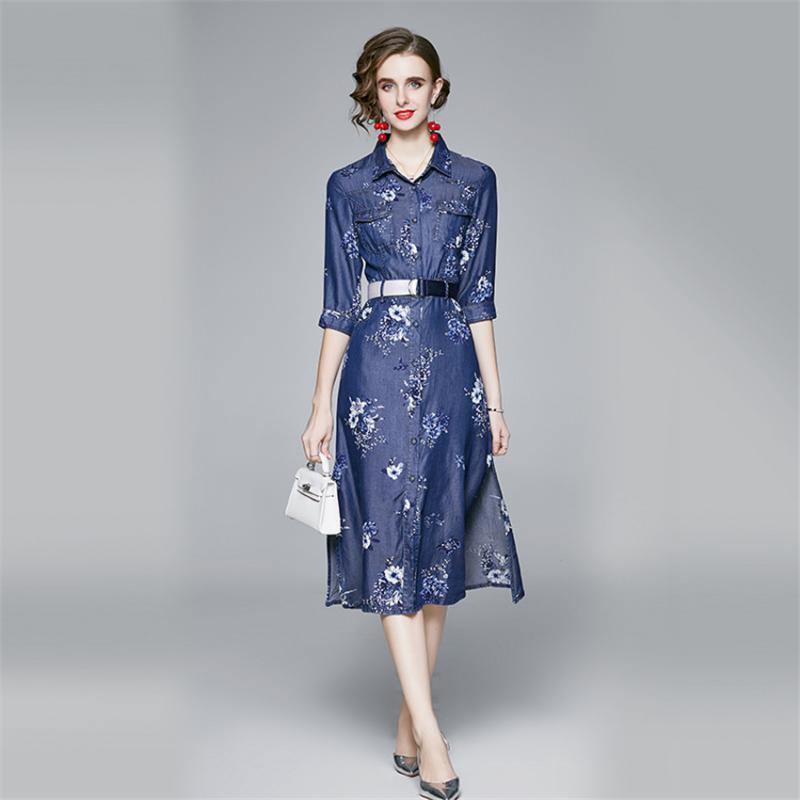 Women Summer Denim Dress Retro Floral Print Casual Long Jeans Shirt High Quality Fashion Soft Robe Femme 2021 Dresses