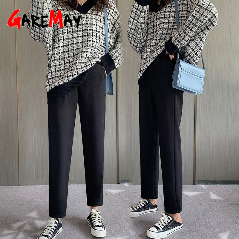 Winter Warm Trousers Suits for Women Work Office Pants High Waist Loose Vintage Female Thick Woolen Harem 210428