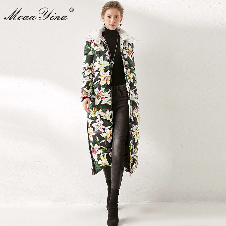Women's Winter Runway Coats Hooded Collar Floral Printed White Duck Down Warm Parkas Elegant Long Jacket Outwear 210524