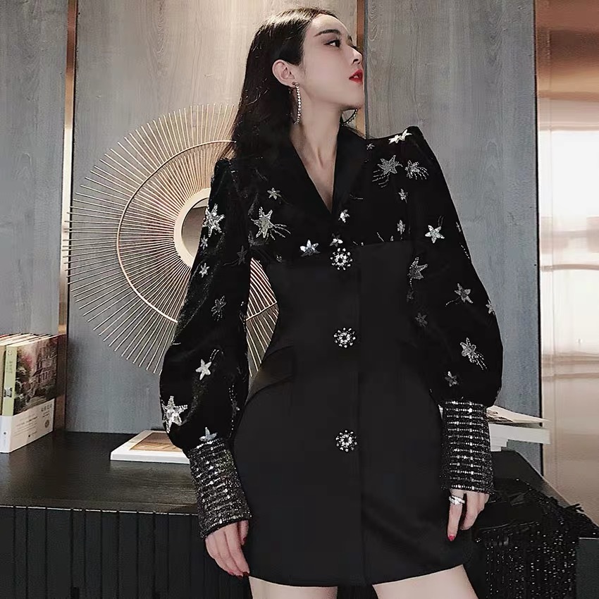 Autunm Winter Fashion Embroidery Pactwork Single Breasted Lantern Sleeve Mini Dress Notched Casual Blazers 210421