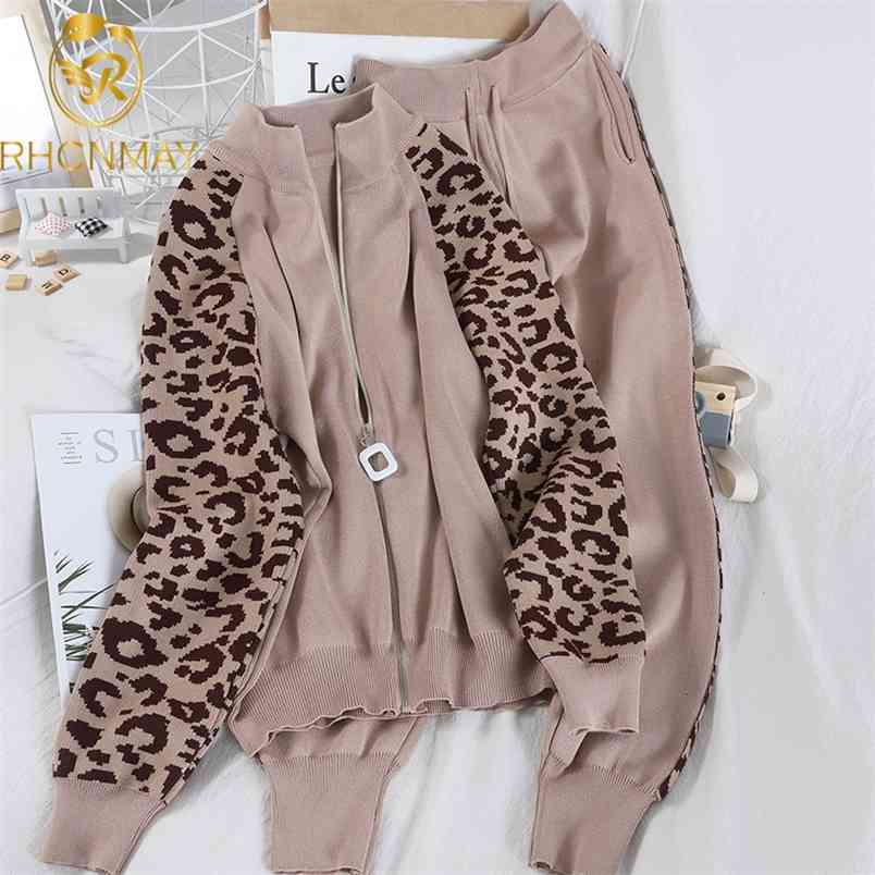 Two Piece Tracksuit Long Sleeve Coat And Trousers Fashion Leopard Patchwork Knit Casual Suit Set Autumn Female Korean 210506