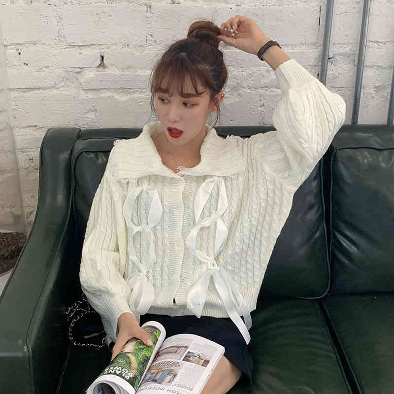 Korean style knitted Sweater Women Outwear autumn and Winter V Neck lace patchwork sweater cardigans womens coat (C9329) 210423