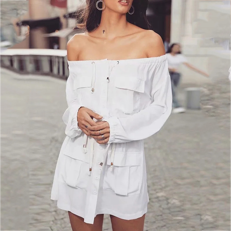 Casual White Cotton Dress Pockets Women Off Shoulder Long Sleeve Spring Summer Short Dress Button Up Dress Female Punk 210415