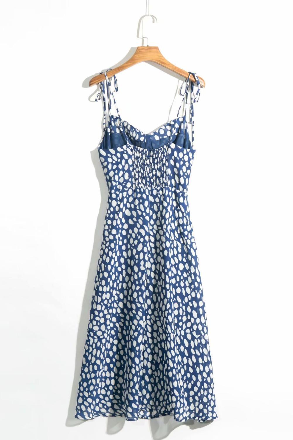 French Style Blue White Dot Print Adjust Spaghetti Strap Dress Retro Sexy Women Sling Slit Dresses Vestido 210429