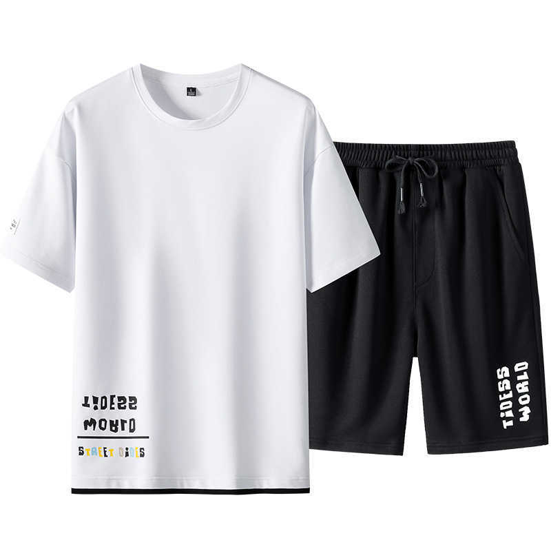 Summer 2PC Men Casual Tracksuits Set Short Sleeve T Shirts Gym Running Sweat Suit Male Sportswear Letter Print Short Sport Sets 210603
