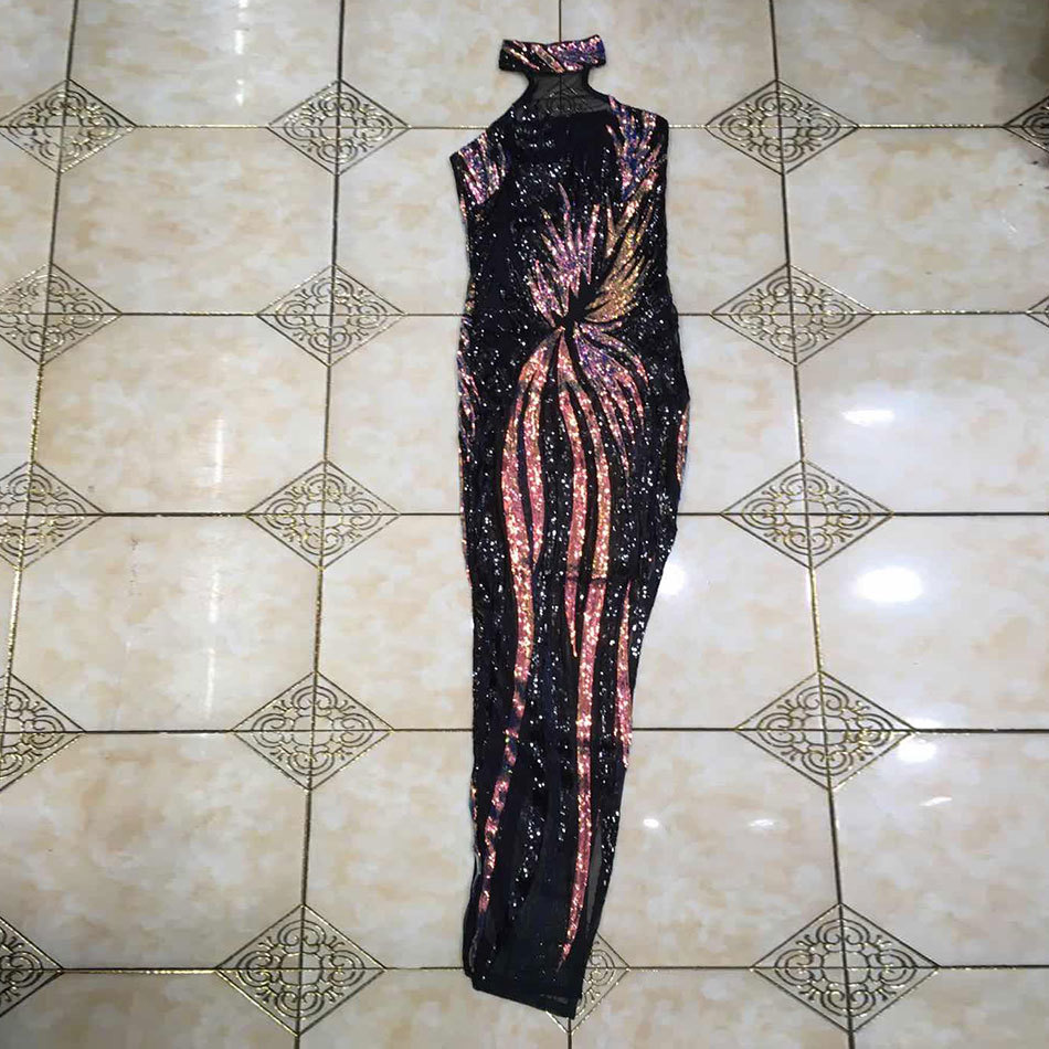 Free Shiny Sequin Dress Women Sexy O-Neck Sleeveless Bodycon Halter Club Midi Split Party Vestidos 210524