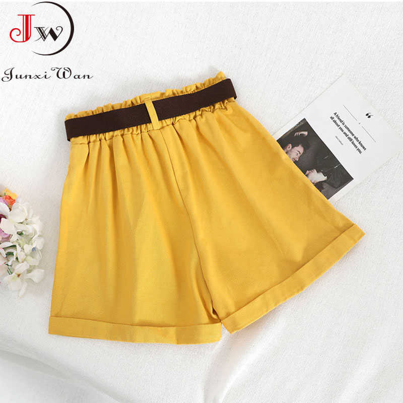 Casual Fashion High Waist Women Summer Cotton Shorts Solid Korean Style Sweet Girls Loose Wide Leg Mini Short Pants With Belt 210714