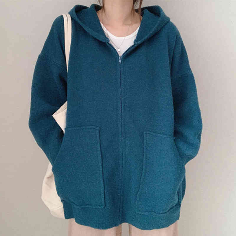 Nomikuma Causal Double Pockets Knitted Cardigan Autumn Winter Women Sweater Coat Long Sleve Zipper Hooded Knitwear 6C364 210427