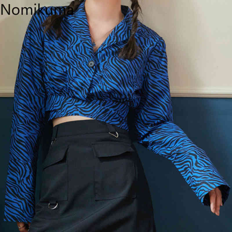 Nomikuma Korean Zebra Stripe Short Blouse Long Sleeve Notched Collar Women Tops Bow Bandage Slim Waist Blusas Shirt 6G921 210427
