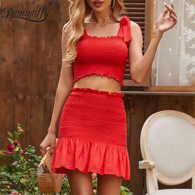 Bow Strap Frill Trim Crop Top with Ruffle Bodycon Mini Skirt Sets Women Fashion Street Two Piece Set Summer 210510