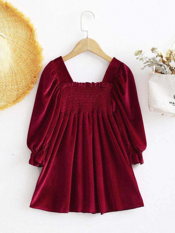Little girl's ruffled velvet dress with ruffle sleeves SHE