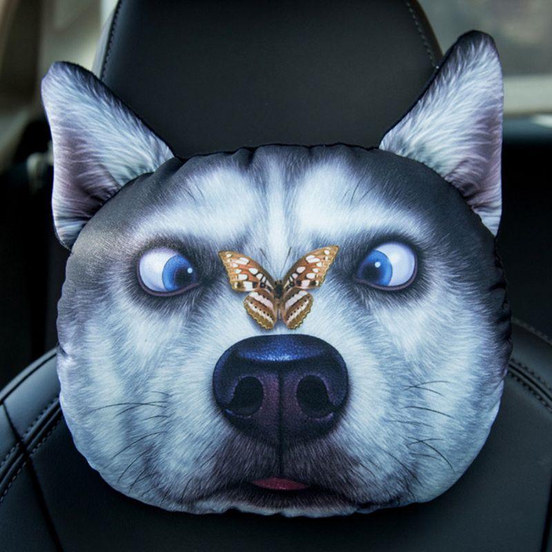Seat Cushions 3D Printed Schnauzer Teddy Dog Face Car Headrest Neck Rest Auto Safety Cushion/ Support With Carbon F19A