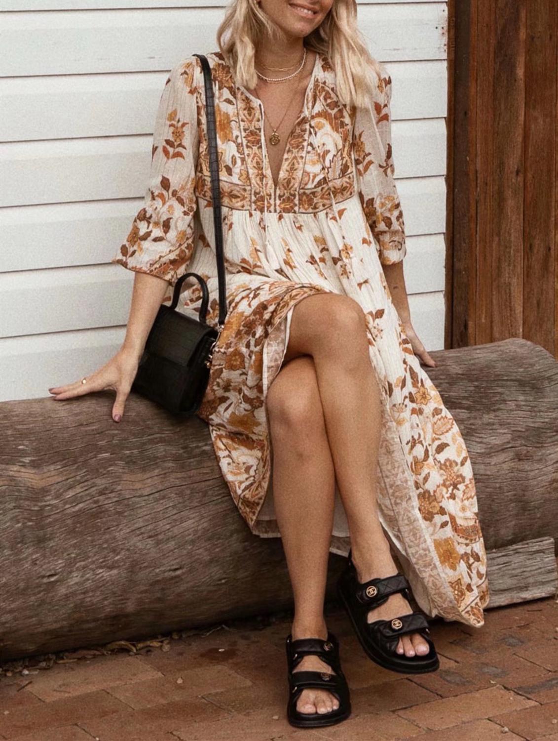 Bohemia Lacing up V neck Pteris flower Print Long Dress Khaki Ethnic WomanTassel Strappy Sleeve Holiday Dresses Beach 210429