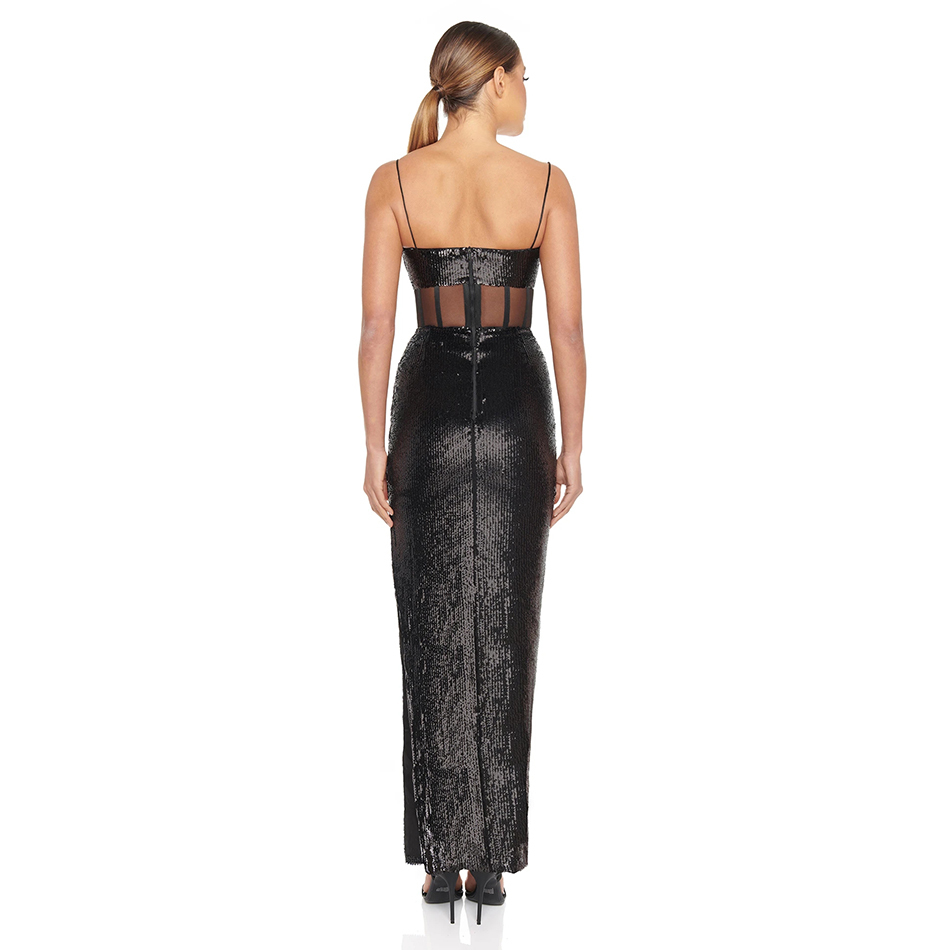 Free Black Sequined Long Dress Women Spaghetti Sleeveless Backless Sexy Bodycon Club Party Vestido 210524
