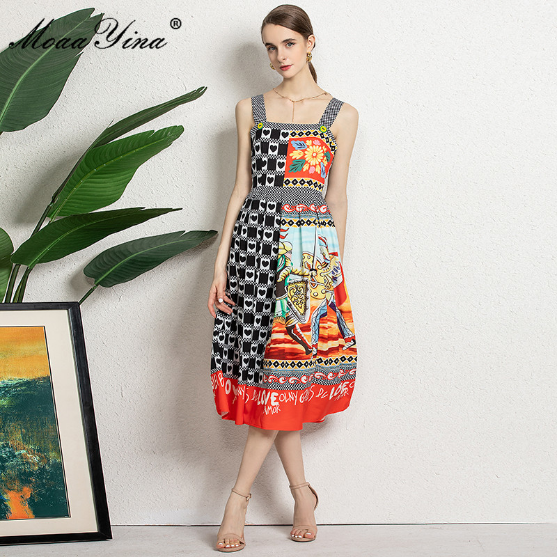 Summer Runway Fashion Spaghetti Strap Dress Women's Jigsaw Flower Print High waist Vintage Party Midi 210524