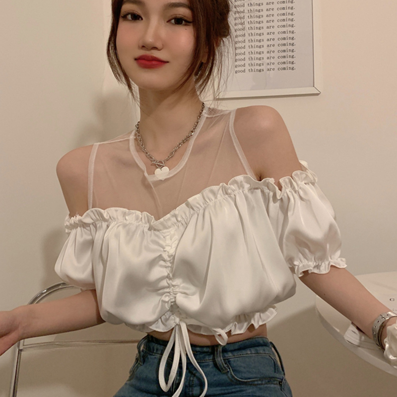 Lucyever Women Mesh Patchwork Summer Blouse Sexy Off Shoulder Ruffles Chiffon Shirts Woman Fashion Drawstring Short Tops 210521, White
Lucyever Women Mesh Patchwork Summer Blouse Sexy Off Shoulder Ruffles Chiffon Shirts Woman Fashion Drawstring Short Tops 210521, White