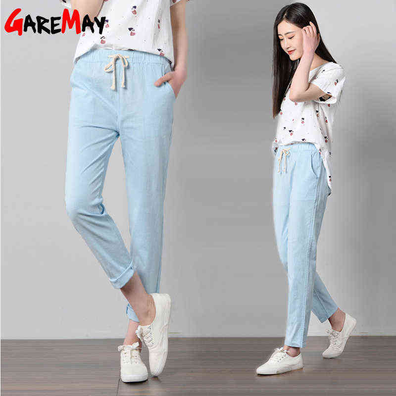 Women Casual Long Ankle Length Trousers Summer Autumn Plus Size Elastic Waist Soft High Quality Cotton Linen Pants S-XXXL 211115