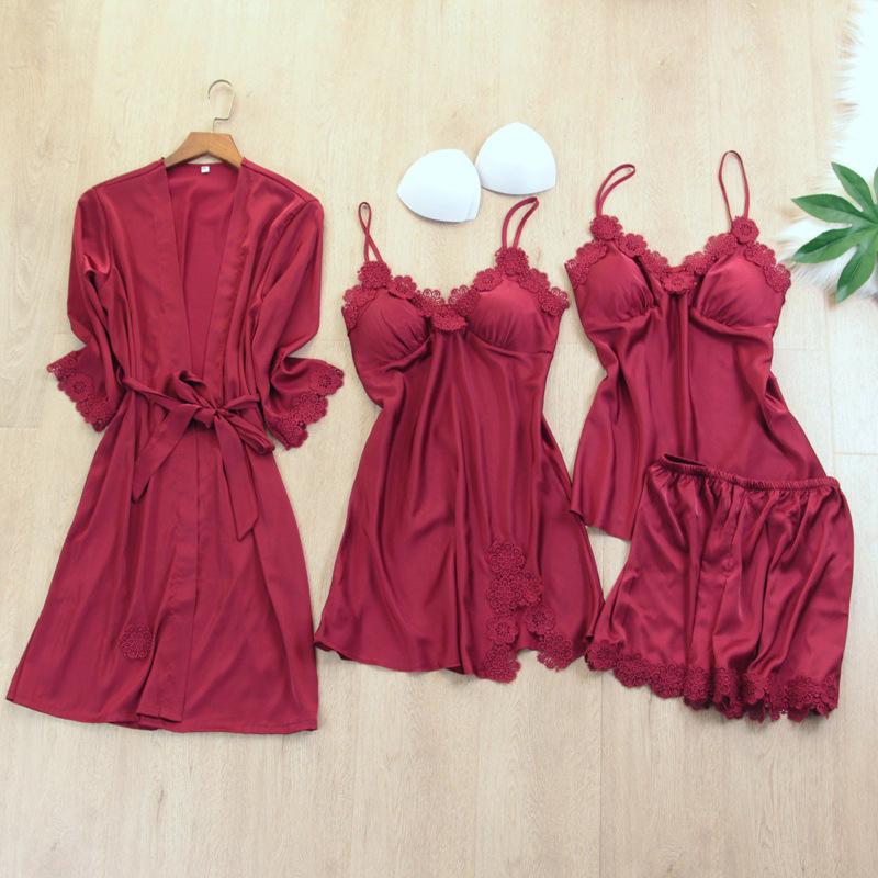 Leisure Female Nightwear Lace Kimono Bathrobe Gown 4PCS Sleepwear Strap Top Robe With Belt Spring Faux Silk Nightdress Women's