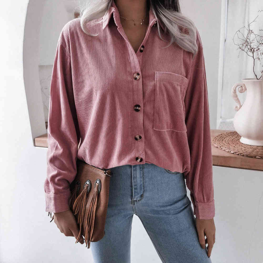 Shirts For Women Casual Loose Spring Autumn Corduroy Purple Long Sleeve Button Up Collared Ladies Tops Fashion New Blouses 210415
