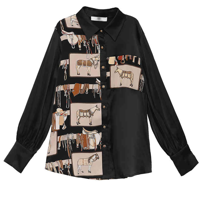 Fashion Turn-down Collar Office Lady Blouse Korean Style Women Vintage Long Sleeve Print Shirt Black Tops Blusas 8166 50 210506