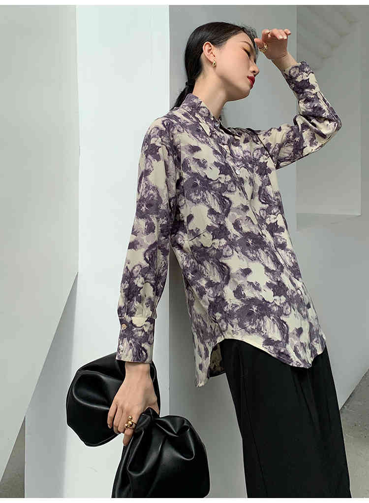 Vintage Purple Floral Print Long Sleeve Womens Tops And Blouses Button Up Collar Shirt Korean Fashion Clothing 210427
