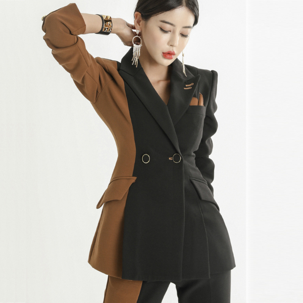 Office Lady Work Pants Suits Women Slim Hit color Long Sleeve double-breasted Blazer coat+OL Pants Elegant Two Piece Set 210518